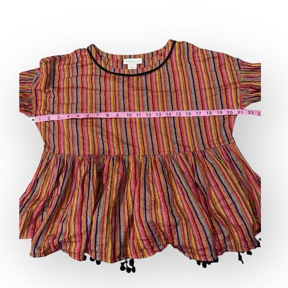 Amaryllis Metallic Stripe Pom Pom Boho Peasant Blouse Size X Small - Picture 5 of 7